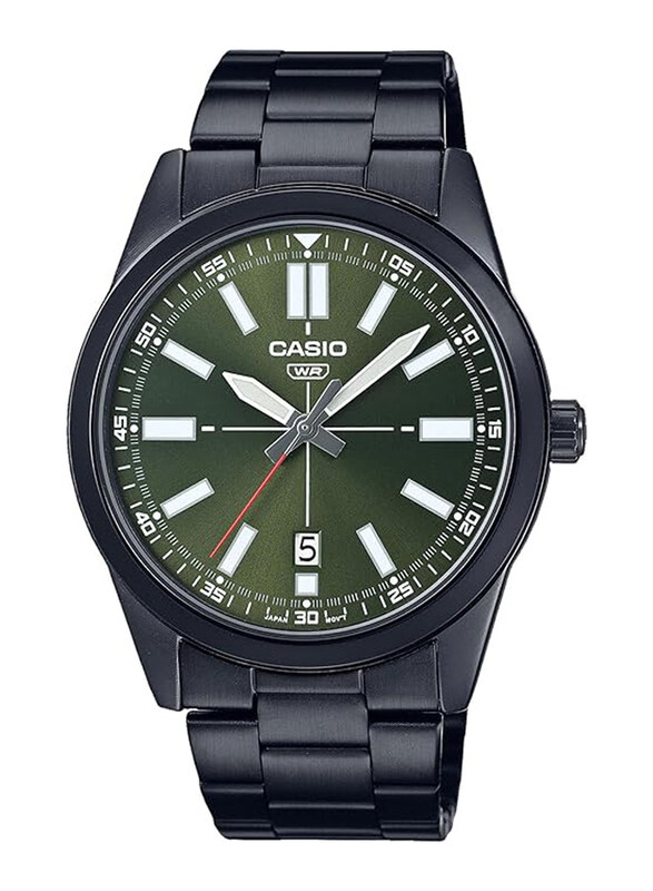 

Casio Analog Japanese Quartz Watch for Men with Leather Genuine Band, Water Resistant, MTP-VD02B-3E, Black-Green