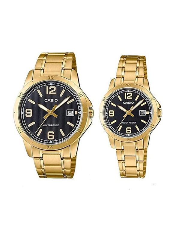 

Casio Analog Quartz Couple Unisex Watch Set with Stainless Steel Band, Water Resistant, MTP/LTP-V004G-1BUDF, Gold-Black