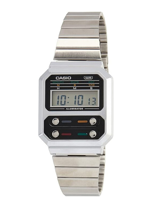 

Casio Digital Watch for Unisex with Stainless Steel Band, Water Resistant, A100We-1Adf, Black/Grey-Silver