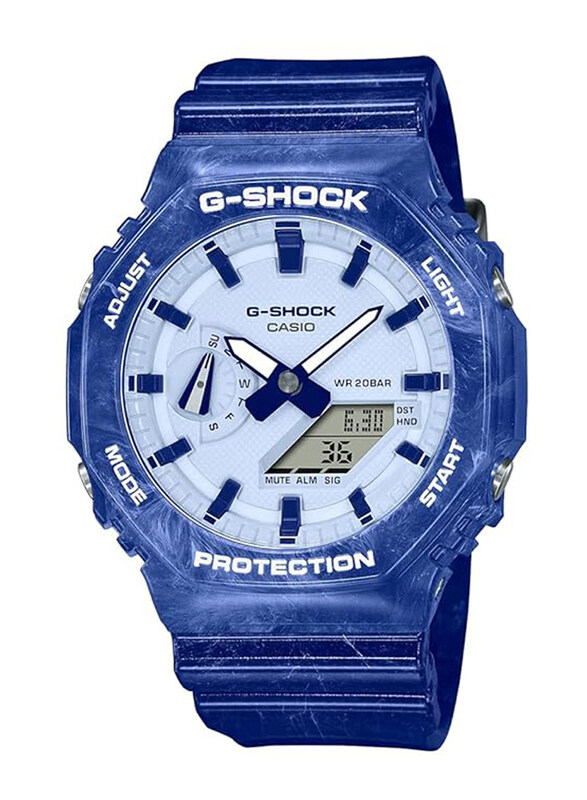 

Casio G-Shock Analog + Digital Watch for Men with Resin Band, Water Resistant, GA-2100BWP-2ADR, Blue-White