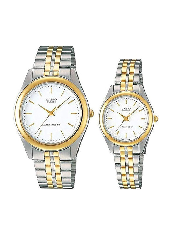 

Casio Analog Watch Unisex with Stainless Steel Band, Water Resistant, MTP/LTP-1129G-7A, Silver/Gold-White