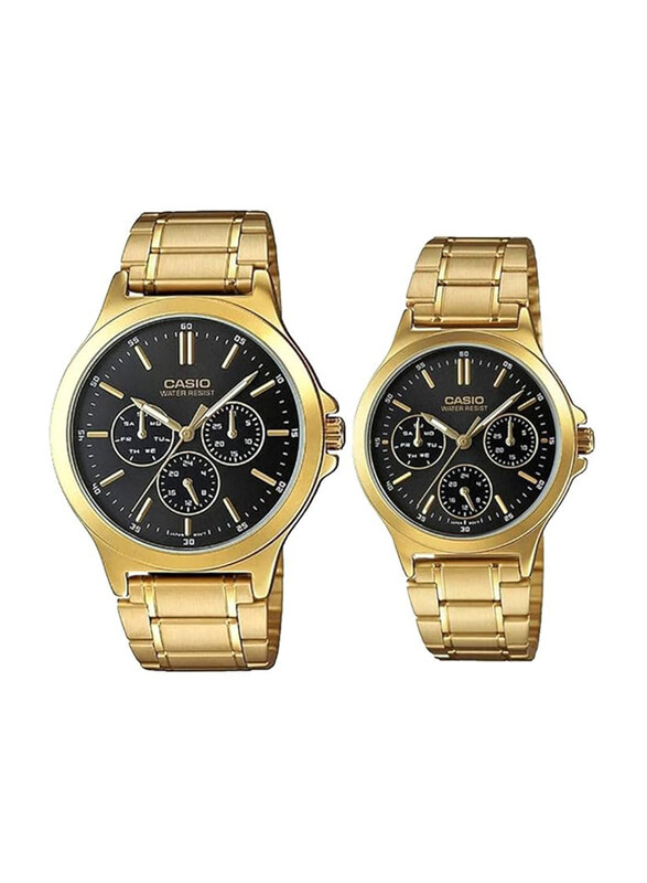 

Casio Analog Quartz Couple Unisex Watch Set with Stainless Steel Band, Water Resistant and Chronograph, MTP/LTP-V300G-1AUDF, Gold-Black