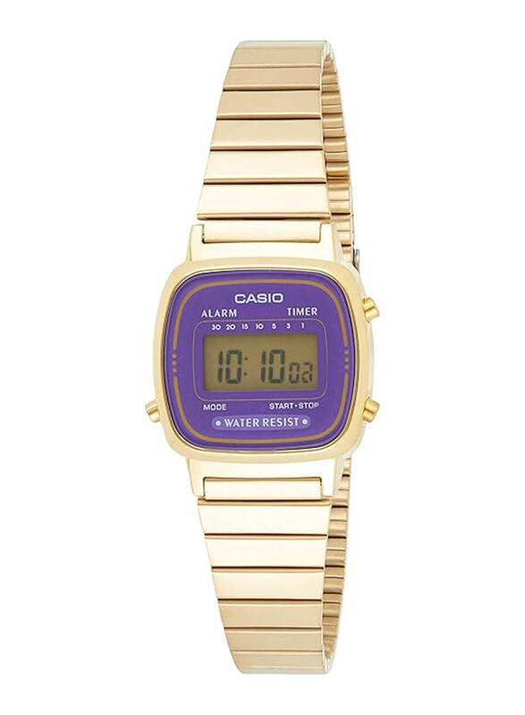 

Casio Digital Watch for Woman with Metal Band, Water Resistant, LA670WGA-6DF, Gold-Purple