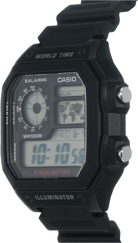 Casio Digital Sport Watch for Men with Resin Band, Water Resistant and Chronograph, AE-1200WH-1A, Black-Grey
