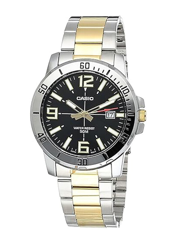 

Casio Analog Watch for Men with Stainless Steel Band, Water Resistant, MTP-VD01SG-1BVUDF, Silver/Gold-Black