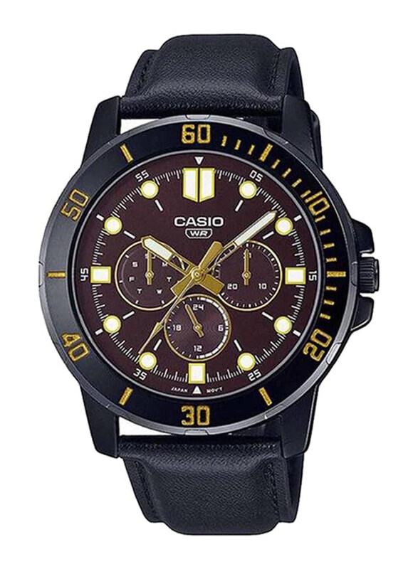 

Casio Analog Japanese Quartz Watch for Men with Leather Band, Water Resistant and Chronograph, MTP-VD300BL-5EUDF, Black-Brown