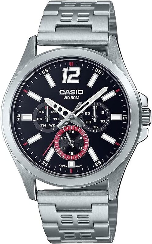 Casio Men Watch Analog Multi Hand Black Dial Stainless Steel Band MTP-E350D-1BVDF, Silver, bracelet