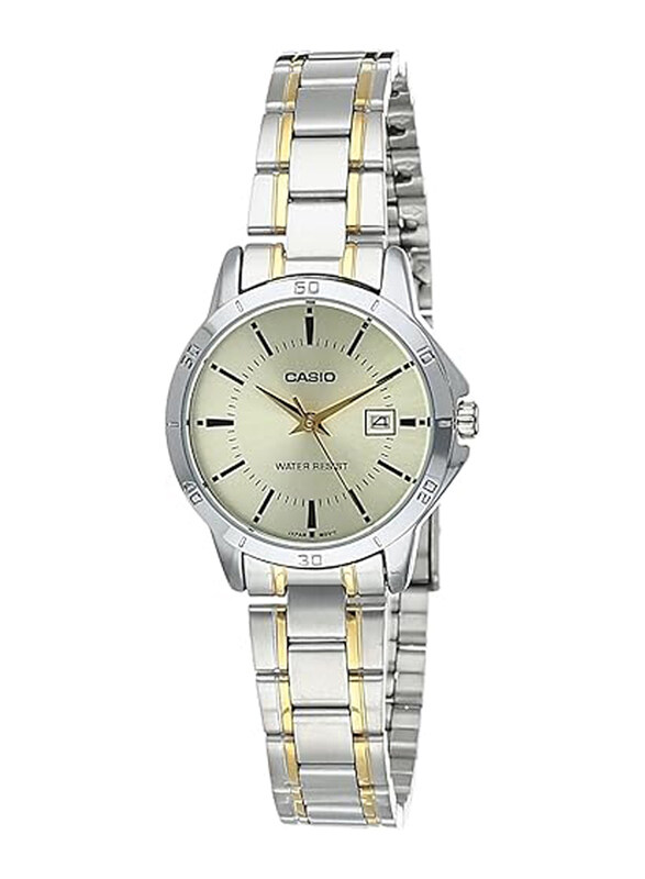 

Casio Analog Watch for Women with Stainless Steel Band, Water Resistant, LTP-V004SG-9AUDF, Gold-White/Silver