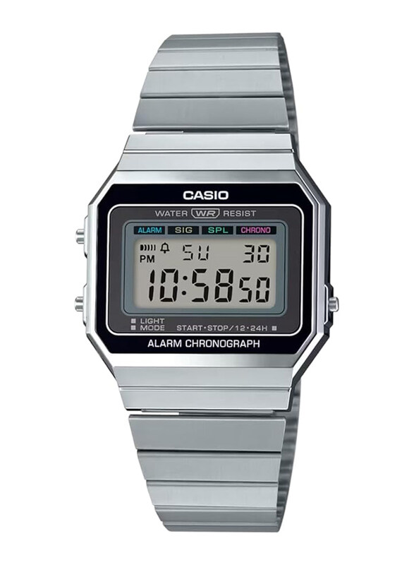 

Casio Vintage Digital Watch Unisex with Stainless Steel Band, Water Resistant, A700W-1ADF, Silver-Grey