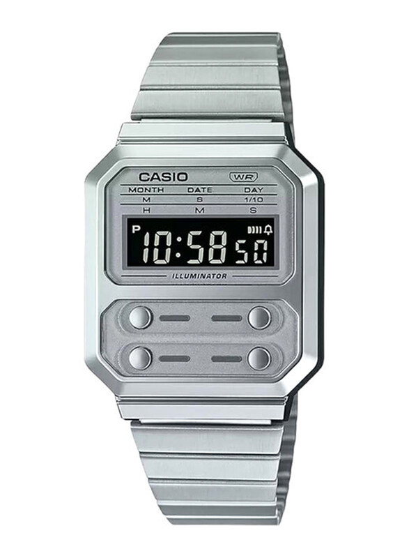 

Casio Digital Watch Unisex with Stainless Steel Band, Water Resistant, A100WE-7BDF, Silver