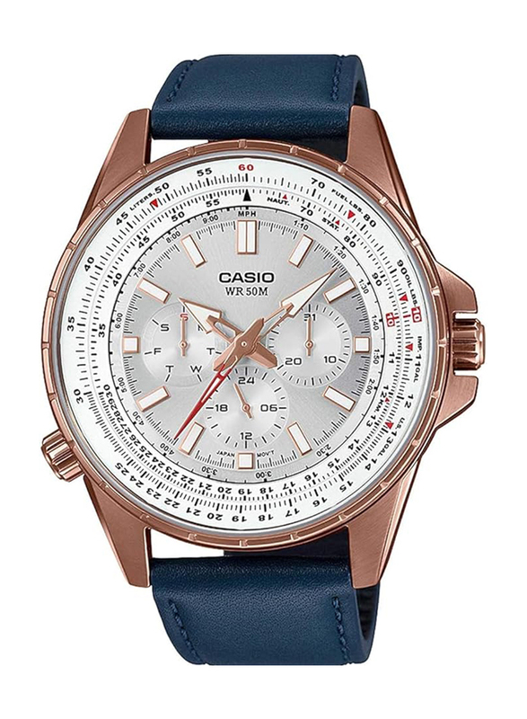 

Casio Analog Watch for Men with Leather Band, Water Resistant & Chronograph, MTP-SW320RL-7AVDF, Blue-Silver