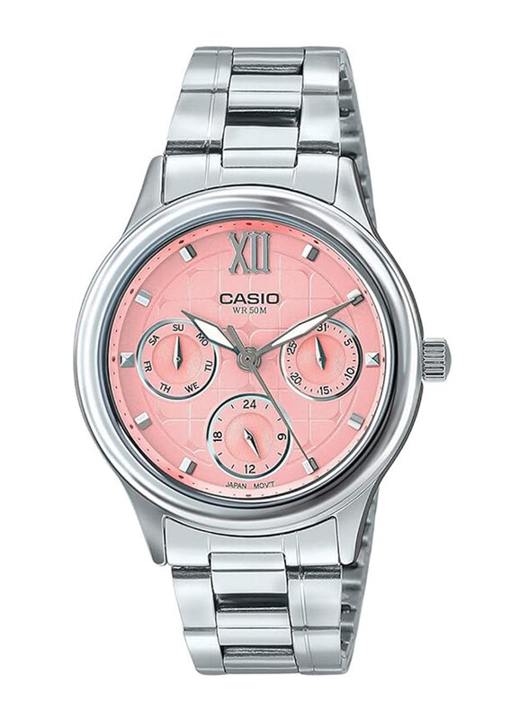 

Casio Analog Watch for Women with Stainless Steel Band, Water Resistant and Chronograph, LTP-E306D-4AVDF, Silver-Pink