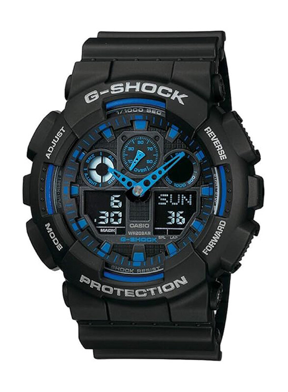 

Casio G-Shock Analog + Digital Quartz Watch for Men with Resin Band, Water Resistant and Chronograph, GA-100-1A2DR, Black-Blue/Black