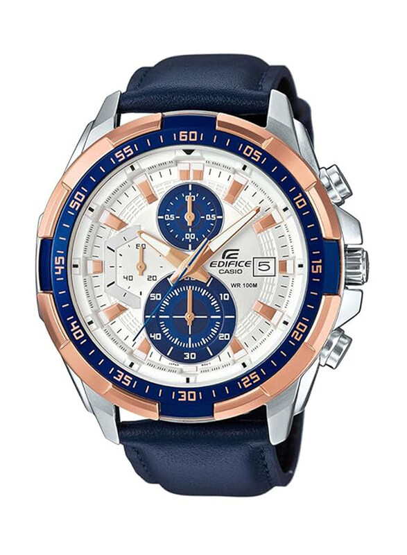 

Casio Analog Watch for Men with Leather Band, Water Resistant and Chronograph, EFR-539L-7CVUDF, Blue-White/Blue