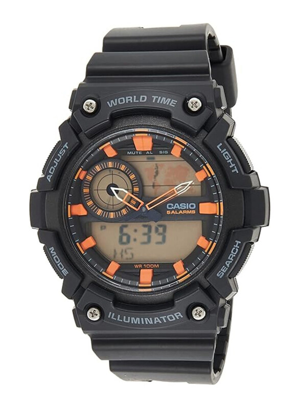 

Casio Analog + Digital Watch for Men with Resin Band, Water Resistant, AEQ-200W-1A2VDF, Black/Orange-Black