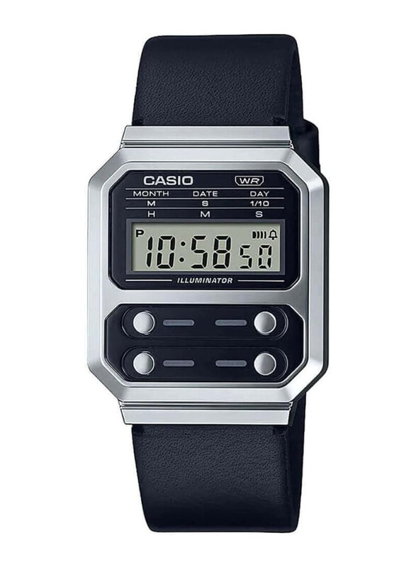 

Casio Illuminator Vintage Collection Digital Watch for Men with Leather Band, Water Resistant, A100WEL-1AEF, Black-Silver/Black