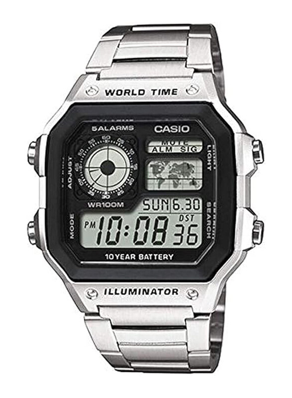 

Casio Casual Digital Unisex Watch with Stainless Steel Band, AE-1200WHD-1AVE, Silver/Black