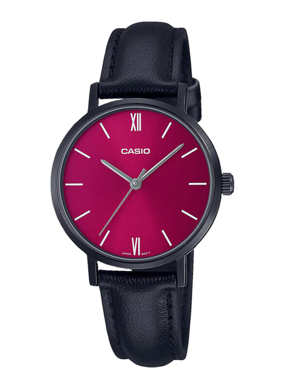

Casio Analog Minimalistic Watch for Women with Leather Band, Water Resistant, LTP-VT02BL-4A, Black-Red