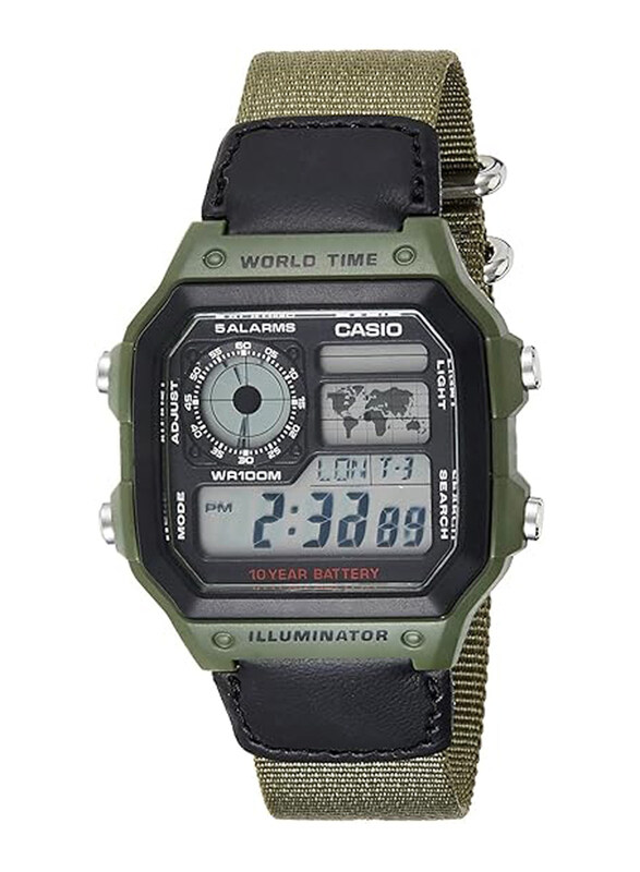 

Casio Digital Watch for Men with Resin Band, Water Resistant, AE-1200WHB-3BVDF, Green-Grey