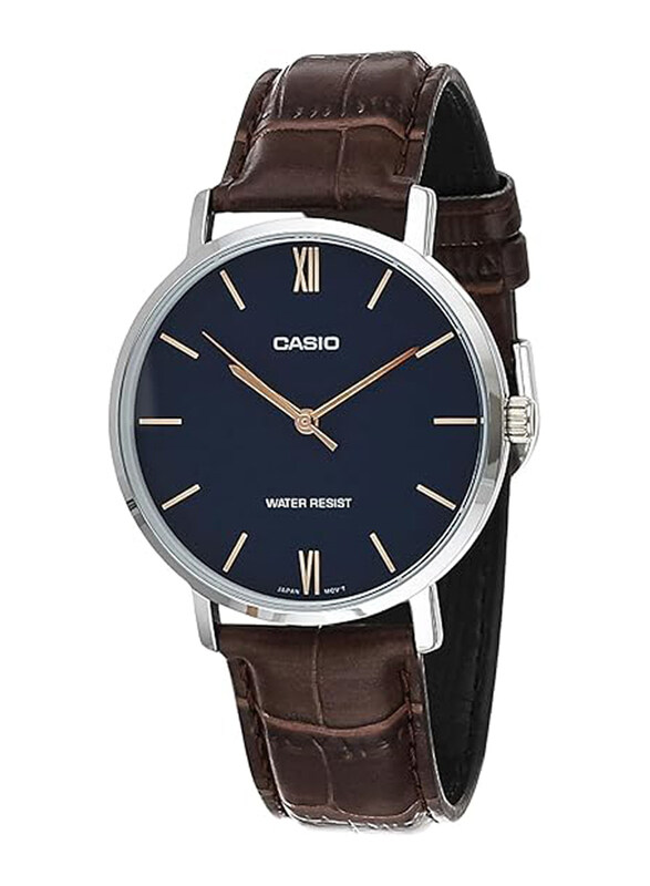 

Casio Analog Watch for Men with Leather Band, Water Resistant, MTP-VT01L-2BUDF, Dark Brown-Blue