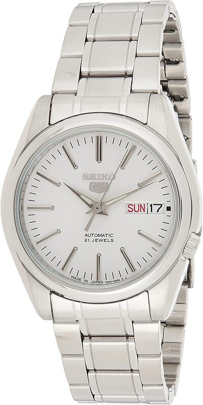 Seiko 5 Analog Automatic Watch for Men with Stainless Steel Band, Water Resistant, Snkl41J1, Silver-White