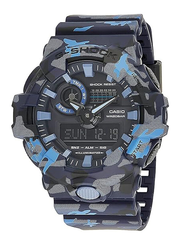 

Casio G-Shock Analog + Digital Watch for Men with Plastic Band, Water Resistant, GA-700CM-2ADR (G823), Camouflage Blue-Black