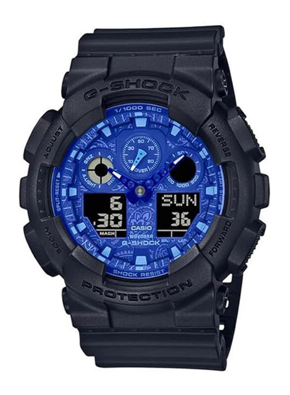 

Casio G-Shock Analog + Digital Watch for Men with Resin Band, Water Resistant and Chronograph, GA 100BP 1ADR, Black-Blue