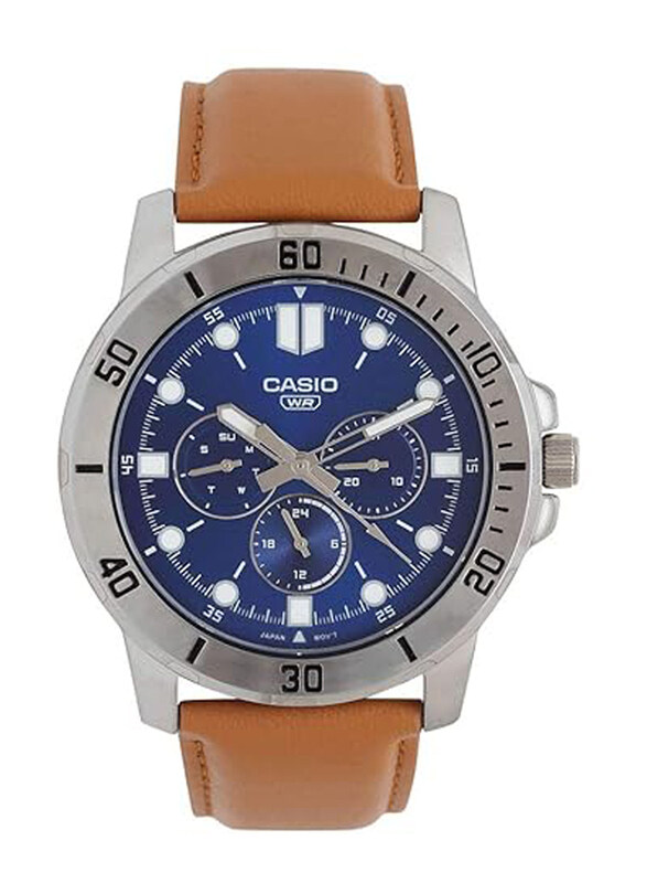 

Casio Enticer Analog Watch for Men with Leather Band, Water Resistant and Chronograph, MTP-VD300L-2EUDF, Brown-Blue