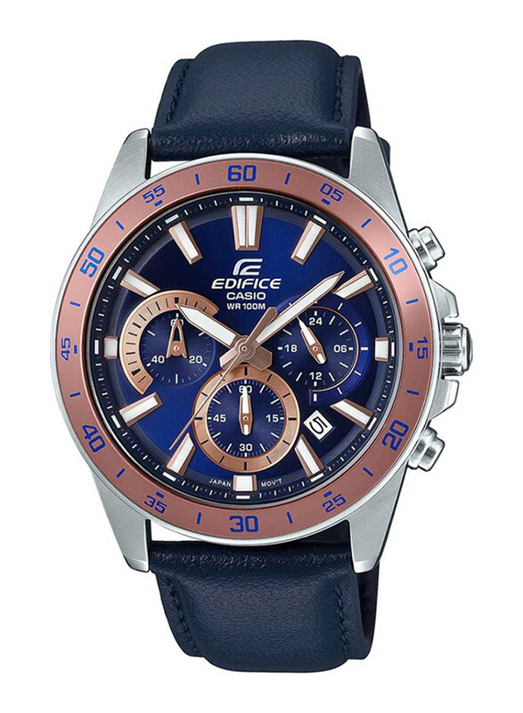 

Casio Edifice Analog Watch for Men with Leather Band, Water Resistant & Chronograph, EFV-570L-2BVUDF (EX498), Blue-Blue/Rose Gold