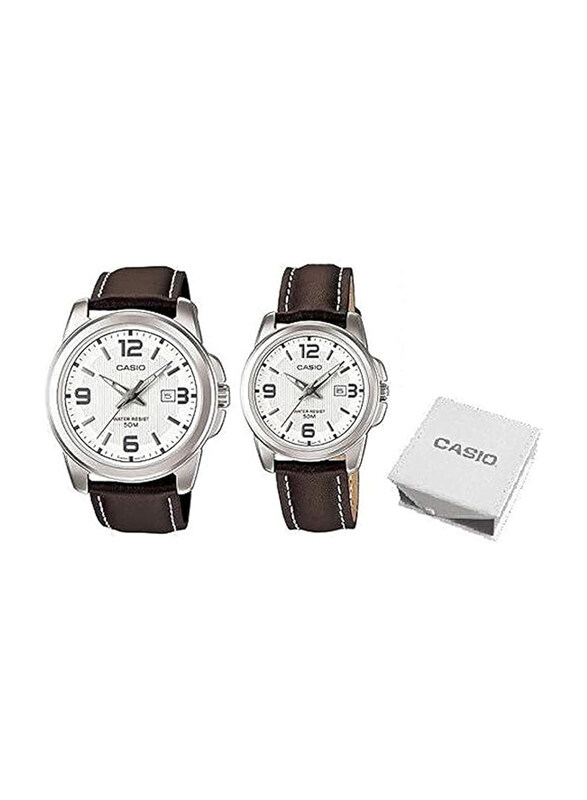 

Casio Analog Couple Unisex Watch Set with Leather Band, Water Resistant, MTP/LTP-1314L-7A, Brown-White