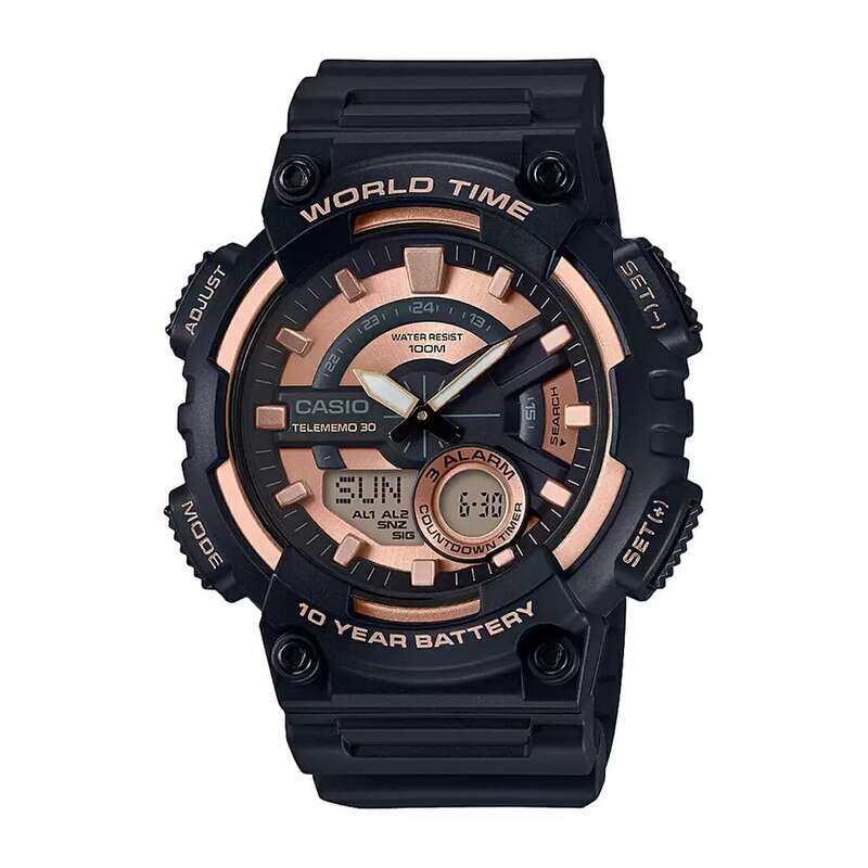 

Casio Analog-Digital Watch for Men with Resin Band, Water Resistant and Chronograph, AEQ-110W-1A3VDF, Black-Black/Rose Gold