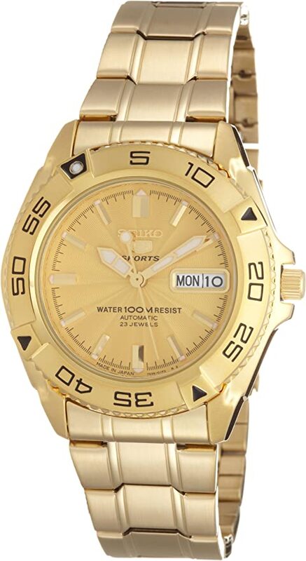 Seiko Sport Analog Watch for Men with Stainless Steel Band, Water Resistant, SNZB26J1, Gold