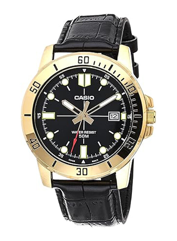 

Casio Enticer Analog Watch for Men with Leather Band, Water Resistant, MTP-VD01GL-1EVUDF, Black
