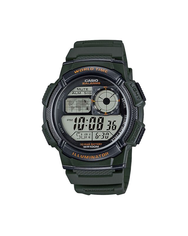 Casio Digital Watch for Men with Resin Band, Water Resistant and Chronograph, AE-1000W-3AVDF, Green-Grey