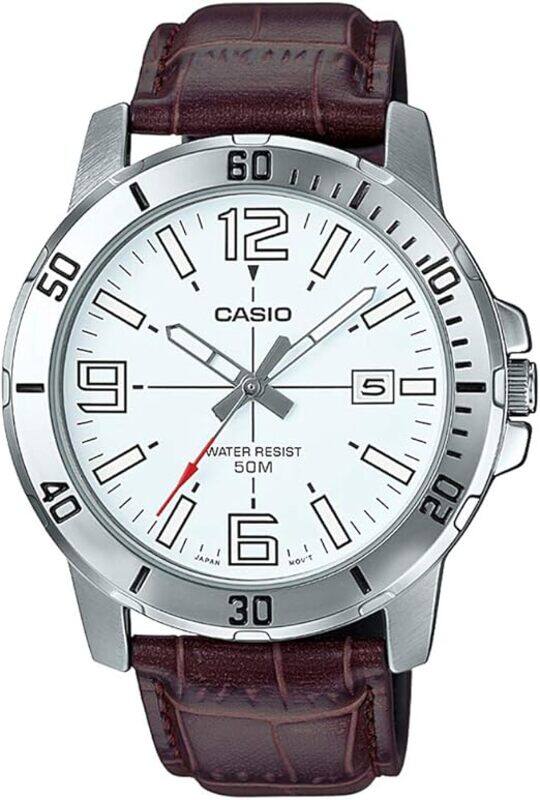 

Casio Analog Watch for Men with Leather Band, Water Resistant, MTP-VD01L-7BVUDF (A1372), Brown-White