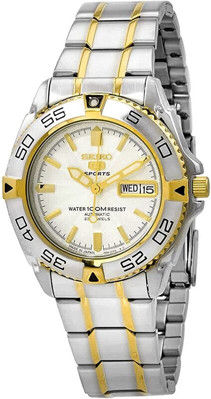 Seiko 5 Sport Analog Watch for Men with Stainless Steel Band, SNZB24J1, Silver-Gold/White