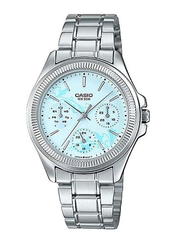 

Casio Analog Watch for Women with Stainless Steel Band, Water Resistant and Chronograph, LTP-2088D-2A2VDF, Silver-Light Blue