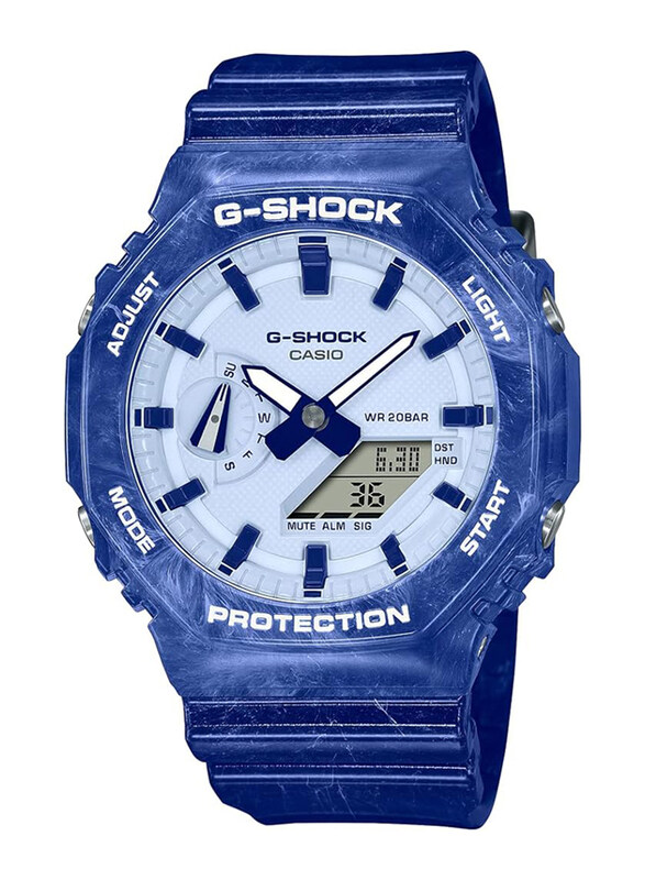 

Casio G-Shock Analog + Digital Watch for Men with Resin Band, Water Resistant, GA-2100BWP-2ADR, Blue-White