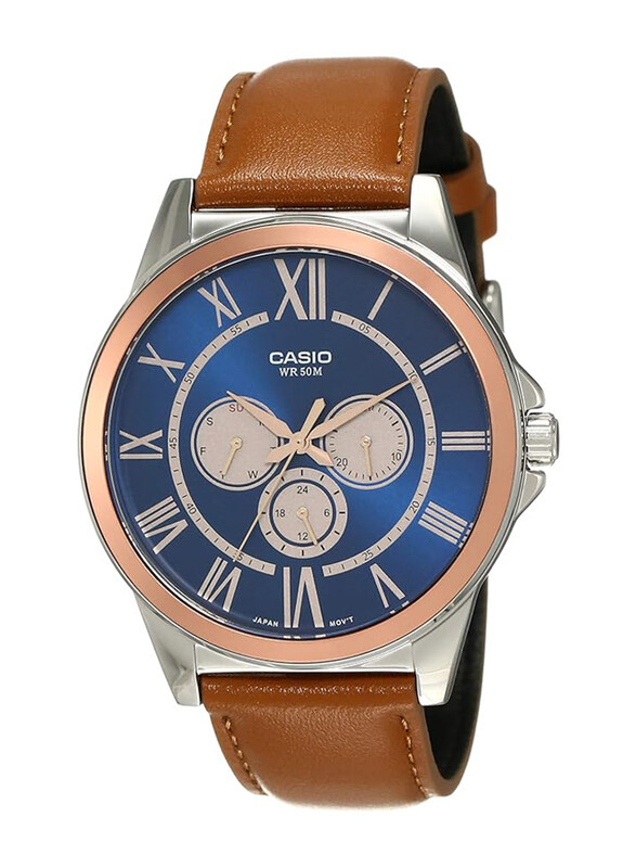 

Casio Analog Watch for Men with Leather Band, Water Resistant and Chronograph, MTP-E318L-2BVDF, Brown-Blue/Rose Gold