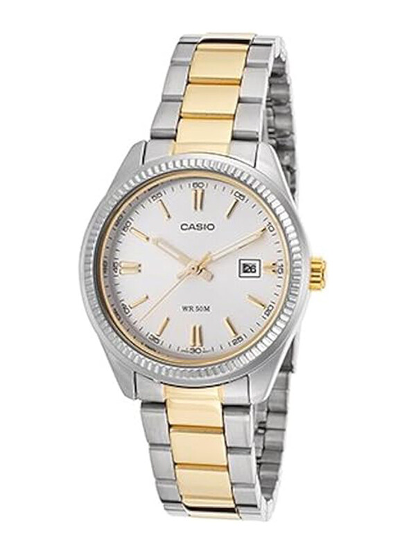 

Casio Enticer Analog Watch for Women with Stainless Steel Band, Water Resistant, LTP-1302SG-7AVDF, Silver/Gold-White