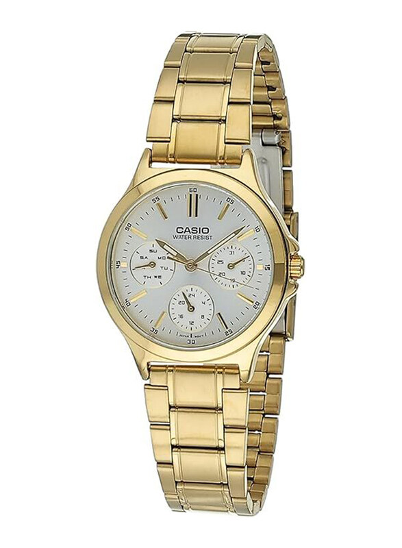 

Casio Analog Watch for Women with Stainless Steel Band, Water Resistant and Chronograph, LTP V300G 7A, Gold-White