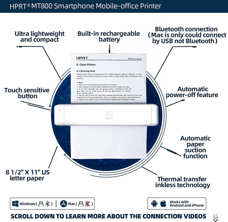 HPRT MT800Q Mini Thermal Wireless Inkjet Printer, White