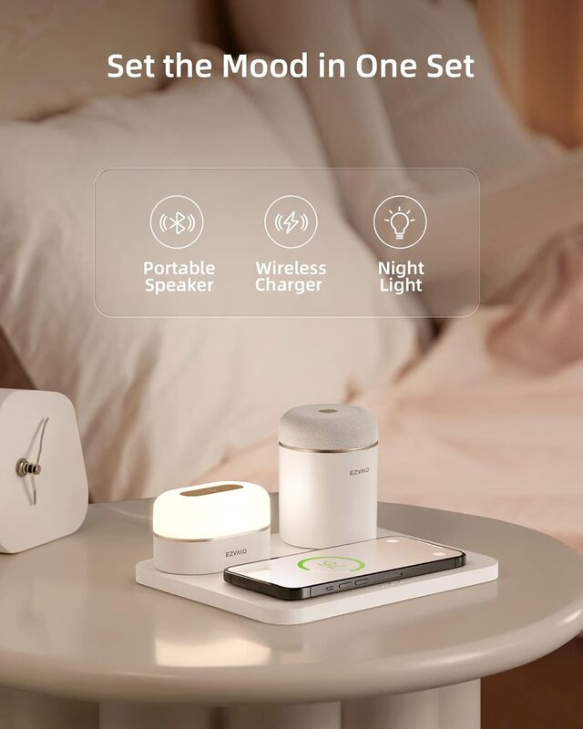 EZVALO 3 in 1 Charger Station with LED Night Light, Portable Bluetooth Speaker, Wireless Charging Station for All Phones, Birthday Tech Gifts