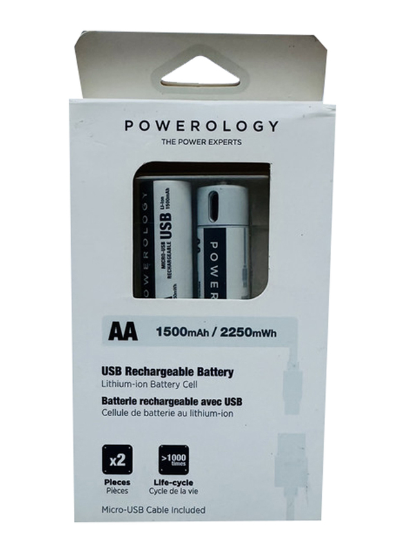 USB Rechargeable 1500mAh AA Batteries, 2 Pieces, White