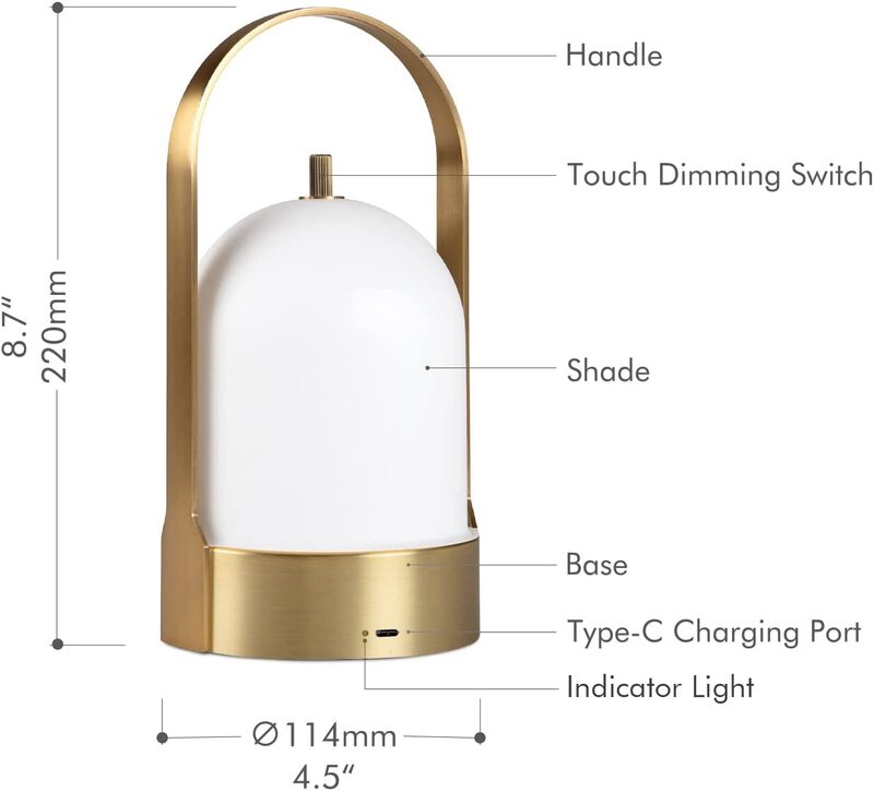 Tubicen 4000mAh Rechargeable LED Cordless Table Lamp, Brass