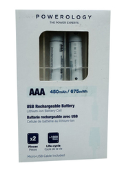 USB Rechargeable 4500mAh AAA Batteries, 2 Pieces, White