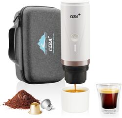 CERA Plus Portable Electric Coffee Maker, Rechargeable Mini Battery Espresso Machine with Heating Function, 20 Bar, Compatible with NS Pods & Ground Coffee for Travel, Camping, Office, Home (White)