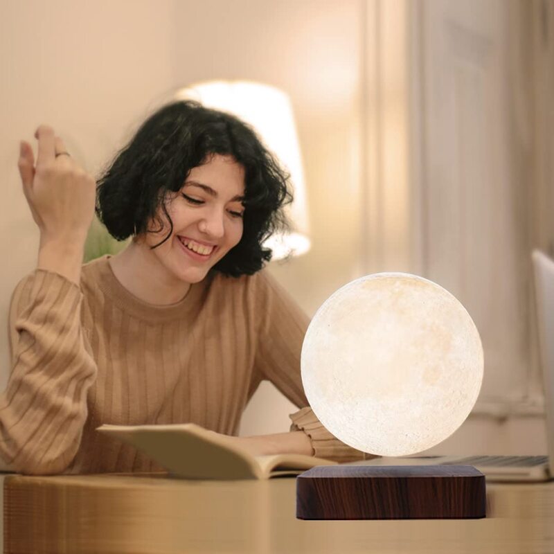 Hcnt Levitating Floating and Spinning 3D Printed LED Moon Lamp, White