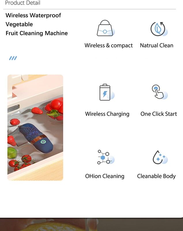 Vegetable and Fruit Cleaner Machine, Aquapur Water Proof Fruit Cleaning Device with OH ion Purification Technology 250min Working time and Wireless Charging, for Cleaning Fruit, Grain,Meat