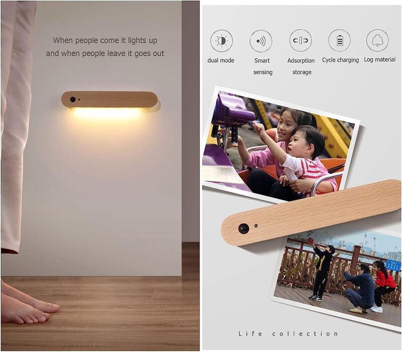 Wooden Motion Sensor Wall Lights Indoor with Switch Wall Lamp Battery Operated LED Closet Night Lights USB Rechargeable Induction